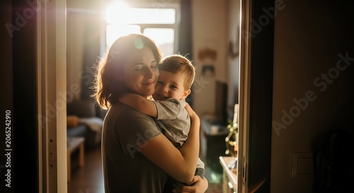 Mother embracing smiling child in warm indoor daylight lighting