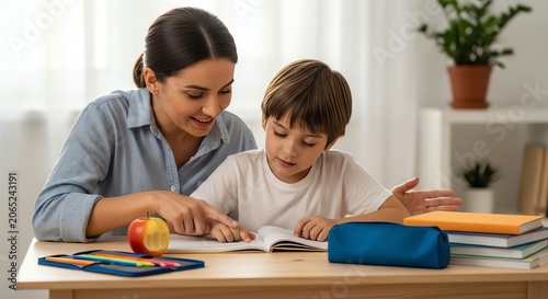 Mother helps son read book with apple and colorful pencils