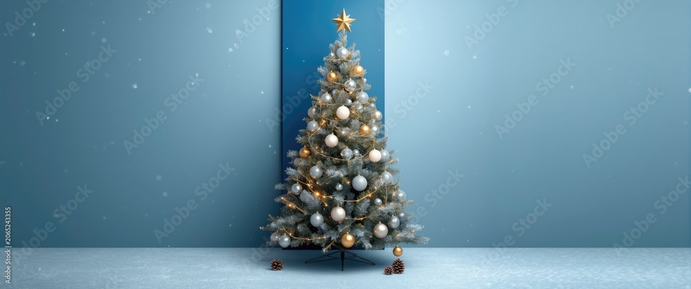 Fototapeta premium Winter holiday backdrop for products featuring Christmas tree crowned with gold star on blue panel