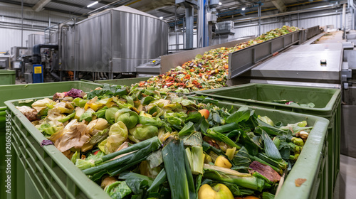 Industrial food waste sorting and organic vegetable scraps on recycling conveyor in processing facility