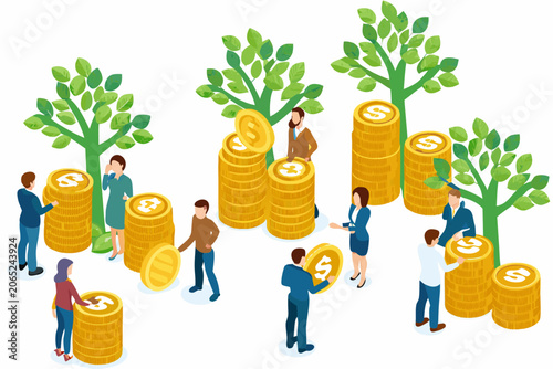 Fotografía Isometric Money Trees With People And Coin Stacks Vector Illustration