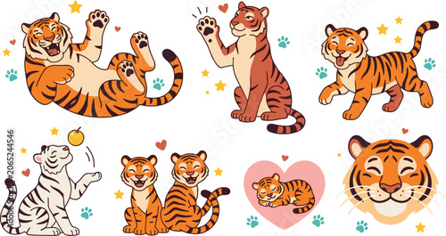 Photography Cute Cartoon Tiger Cub Sticker Set with Happy Baby Wildlife Animals, Playful Ben