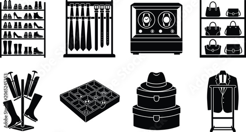 Foto Fashion Wardrobe and Closet Organization System Black Silhouette Vector Icons Se