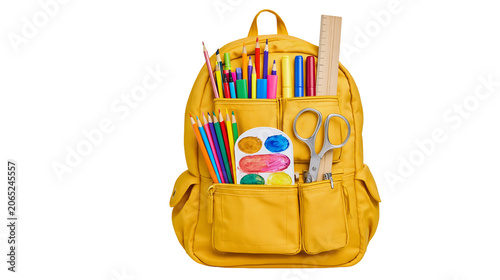 Foto Yellow backpack filled with school supplies including pencils crayons scissors r