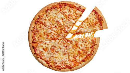 Foto Whole cheese pizza with one slice pulled out, showing melted cheese strings