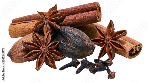 Canvas Print Star anise cinnamon sticks cloves, and nutmeg spice assortment