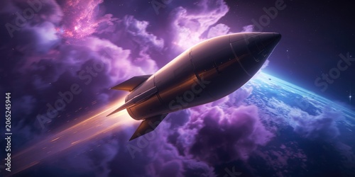 Imaginative rocket rendering in a stylized cosmic atmosphere