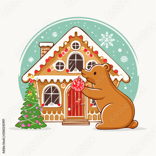 Cute Bear Decorating Gingerbread House with Christmas Tree