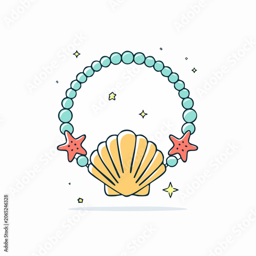 Seashell and Starfish Pearl Necklace Illustration