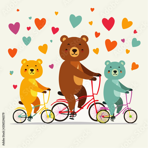 Three cartoon bears riding bicycles with hearts floating around them