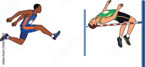 Fotografía Athletes in motion, hurdler and sprinter in action running jumping