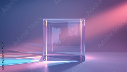Translucent cube with colorful light reflections on a surface
