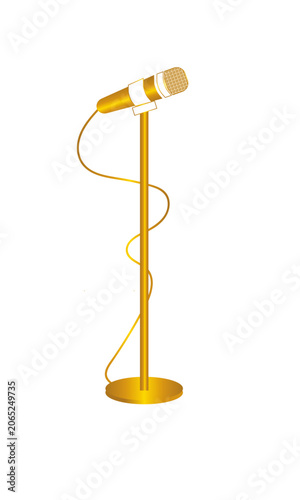 Elegant Golden Microphone Illustration on a Tall Vertical Stand with Coiled Cable, Perfect for Music, Performance, and Professional Broadcast Design