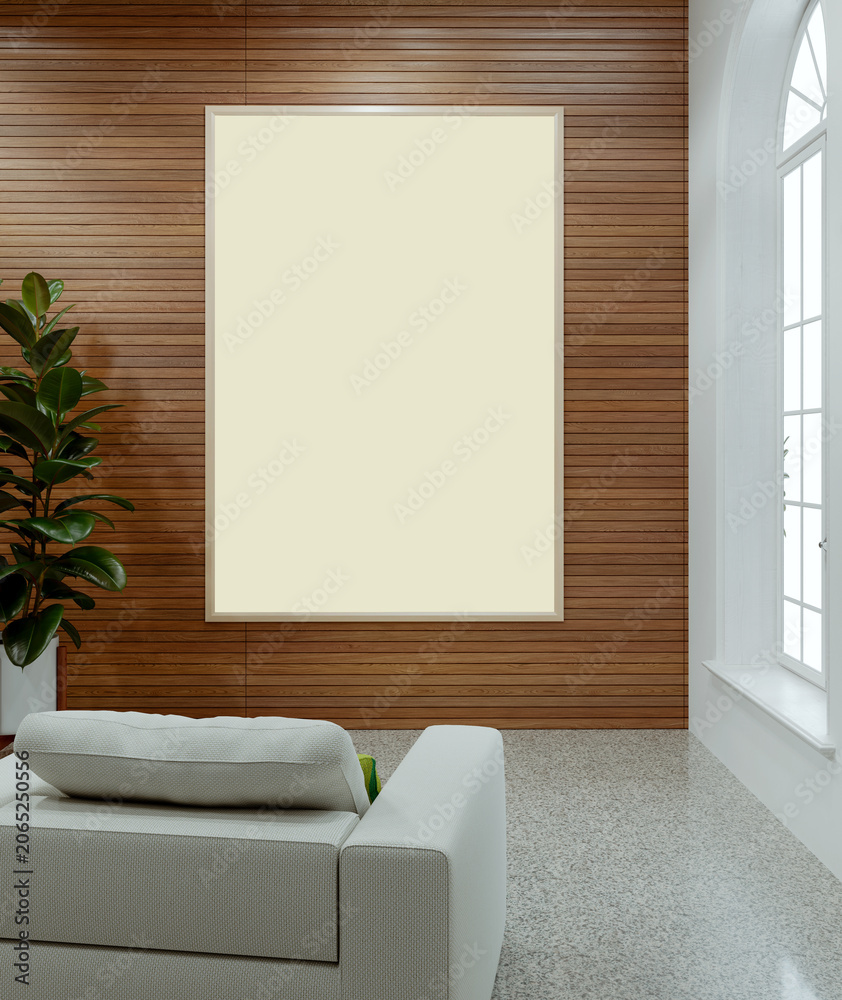 Obraz premium 3D render, illustration Large Luxury modern living room interior, brutalist architecture realistic lighting, Graphic Overlay wide angle, contemporary furniture, clean lines, minimalist decor