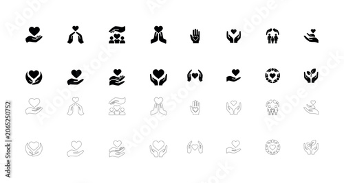 Heart in hands icon collection charity volunteer care love support kindness help community unity health protection conceptual vector graphic set.
