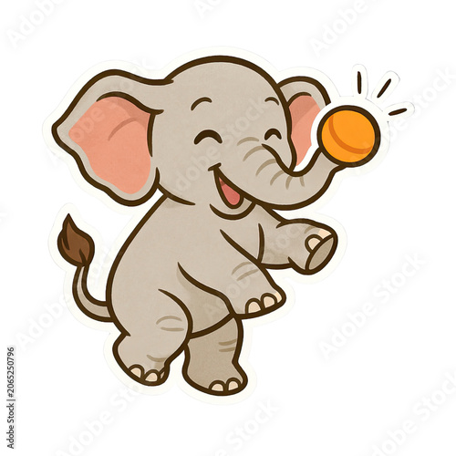 Cute Baby Elephant Playful Cartoon Wildlife Character Balancing Ball for Children's Design and Educational Content, Cute Baby Elephant Playing with Ball Illustration