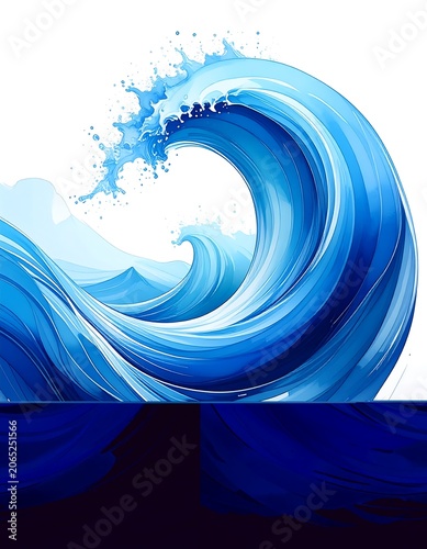 A large blue ocean wave with white splashes on a solid white background
