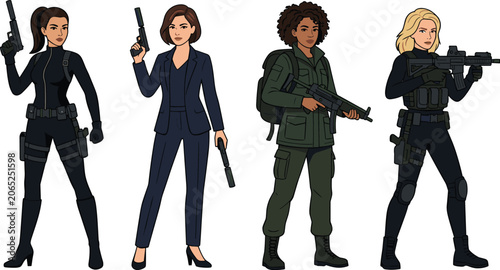 Photos Four women in tactical gear and business attire holding guns cartoon