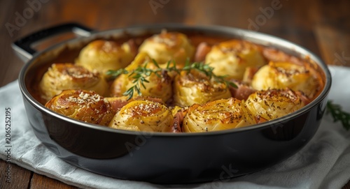 Savory au gratin Jerusalem artichokes with ham and subtle chili spice in a stylish black casserole dish