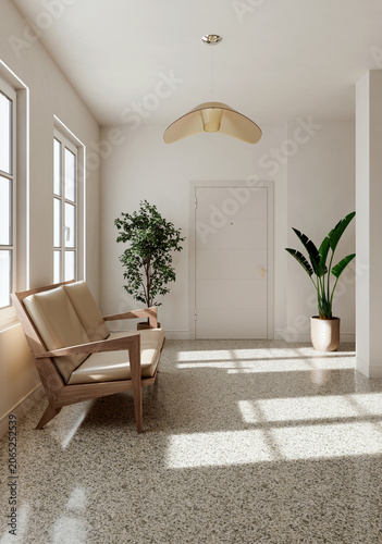 3D render, illustration Large Luxury modern living room interior,  brutalist architecture realistic lighting,  Graphic Overlay wide angle, contemporary furniture, clean lines, minimalist decor