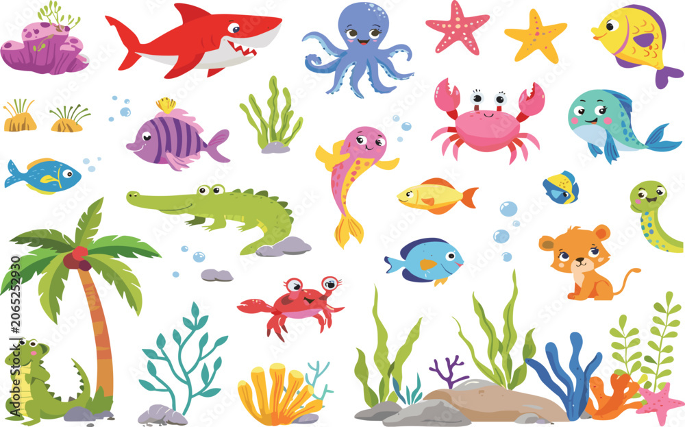 Obraz premium Cute Tropical Animals and Ocean Creatures Collection Cartoon Wildlife Vector Set