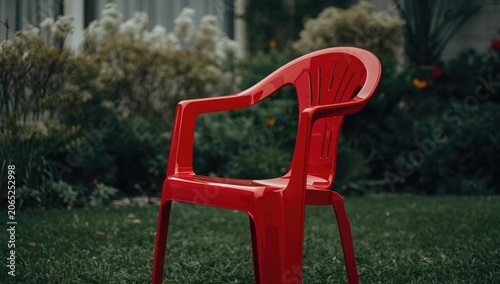 Red plastic chair on green grass in a garden