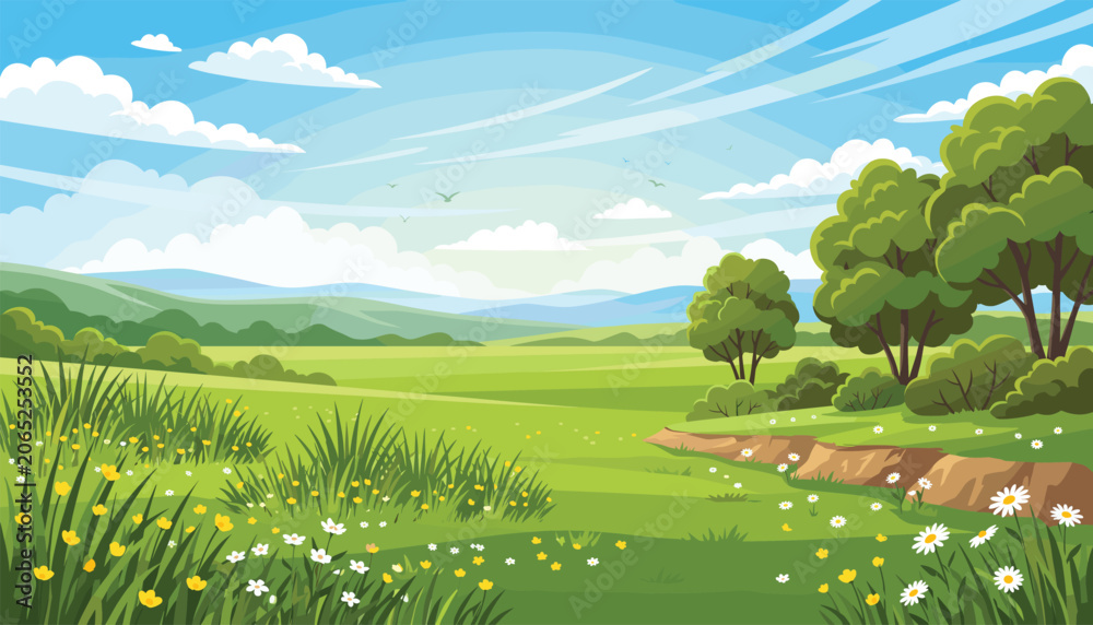 Obraz premium Beautiful green meadow field landscape banner under a bright blue sky. Deciduous trees, wild daisies, yellow flowers, hills, clouds, flying birds.