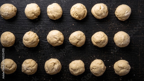 Raw dough balls arranged on a dark wooden surface