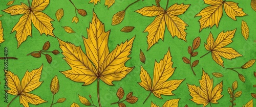 Yellow leaves patterned on a bright green background