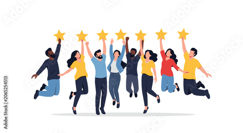 Diverse group of happy people jump in the air while holding gold stars to signify high ratings, excellent service, and customer satisfaction.