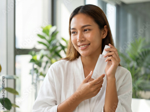 Young woman holding a cosmetic bottle for skincare routine