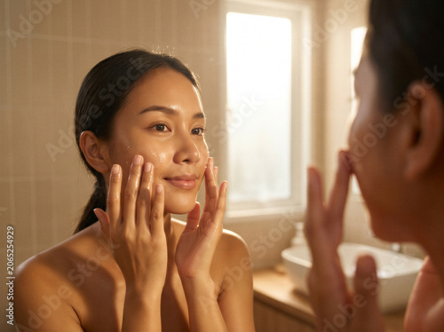 Young woman applying moisturizer to face in bathroom mirror