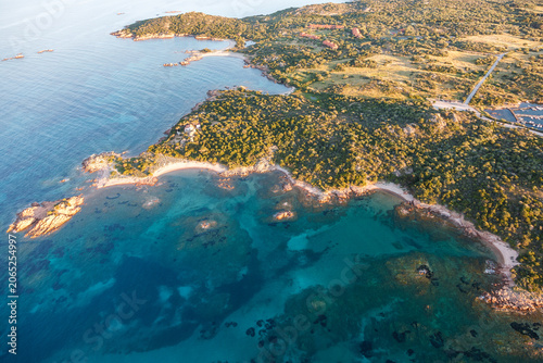 rare aerial photograph of Cala Finanza, Porto san Paolo, Olbia, Sardinia coastal view of immaculate nature heritage due to a future construction site, hotel, luxury, golf, leisure, travel