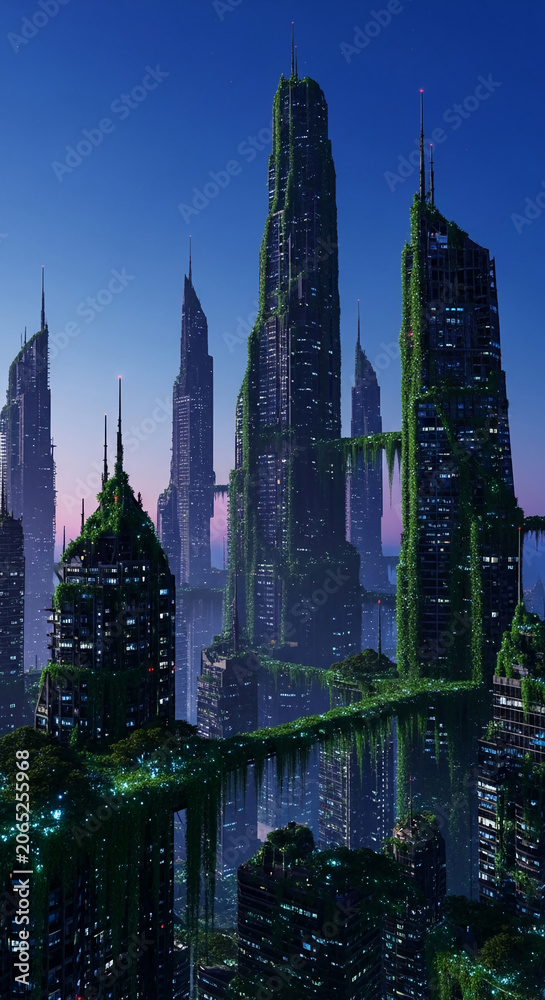 Naklejka premium Futuristic cityscape with skyscrapers overgrown with lush green vegetation, symbolizing nature's reclamation and a new beginning for urban environments.