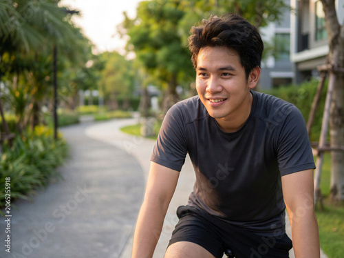 Young man cycling in a park at sunset
