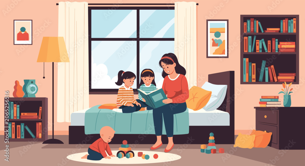 Fototapeta premium Caring mother reading an interesting storybook to her two young daughters on a bed in a well decorated and cozy bedroom.
