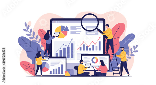 Group of professional analysts working together to interpret complex data charts and graphs on multiple digital screens.