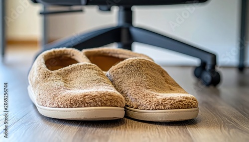 A pair of fuzzy slippers sit on a wooden floor, with a chair in the blurred background