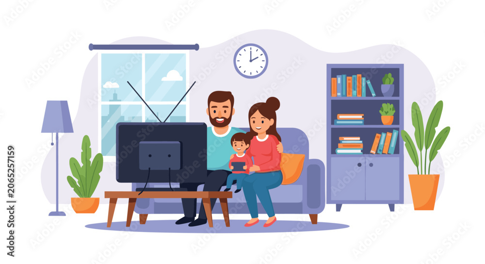 Fototapeta premium Happy family sitting on a sofa and watching television together in a cozy living room with a bookshelf and plants, enjoying quality time.