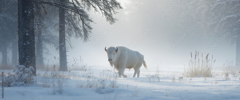 Fototapeta premium White bull walking through a snowy forest landscape