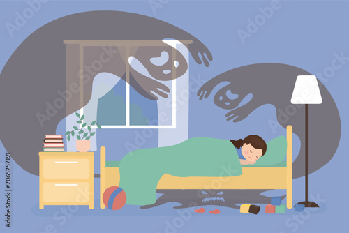 Fotografi Little girl lies in bed, unable to sleep because of scary ghosts and monster hiding underneath