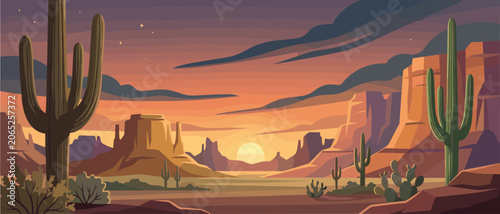 Obraz na płótnie Desert canyon landscape banner at sunset with saguaro cactus