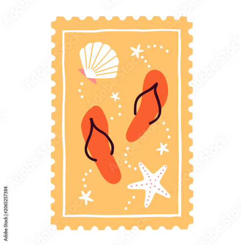 Flip flops on beach sand, post stamp design. Seashells and sandals, summer va...