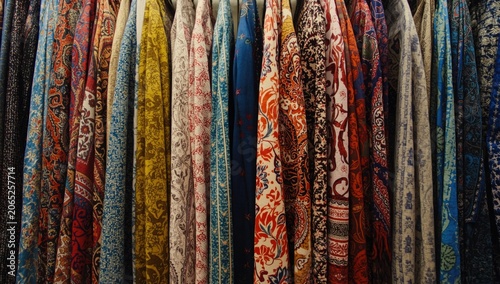 Textile outlet featuring fabrics with different designs and color mixes