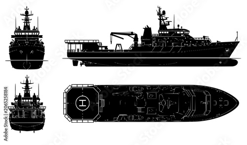 Foto Modern Rescue Ship Silhouette Vector Set with Top Front and Side Views Technical