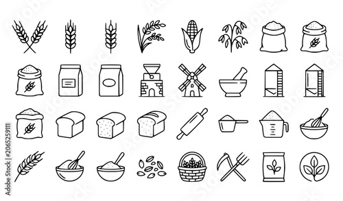 Schilderij op canvas Grains and Flours Production Thin Line Icon Set Vector