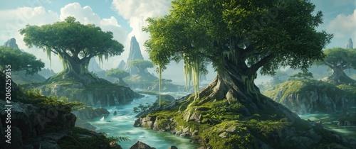 Lush trees by a serene river in a fantastical landscape