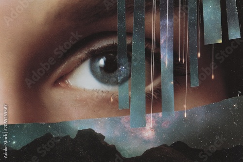Surreal cosmic eye collage with floating astronaut elements and starry swirl background for poster and wallpaper design