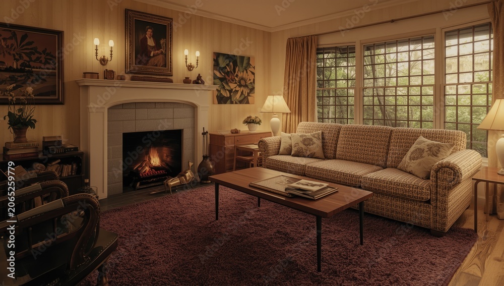 Obraz premium Cozy living room with a fireplace and large windows