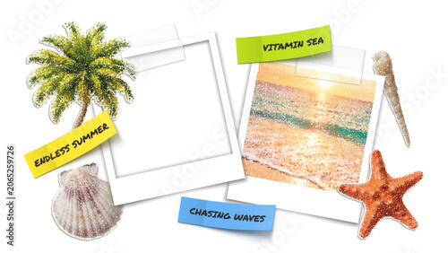 Vector trendy paper cutout summer elements and vintage empty photo frame template, stickers on transparent background. Modern collage template with stipple effect for collage, poster, banner, cover de